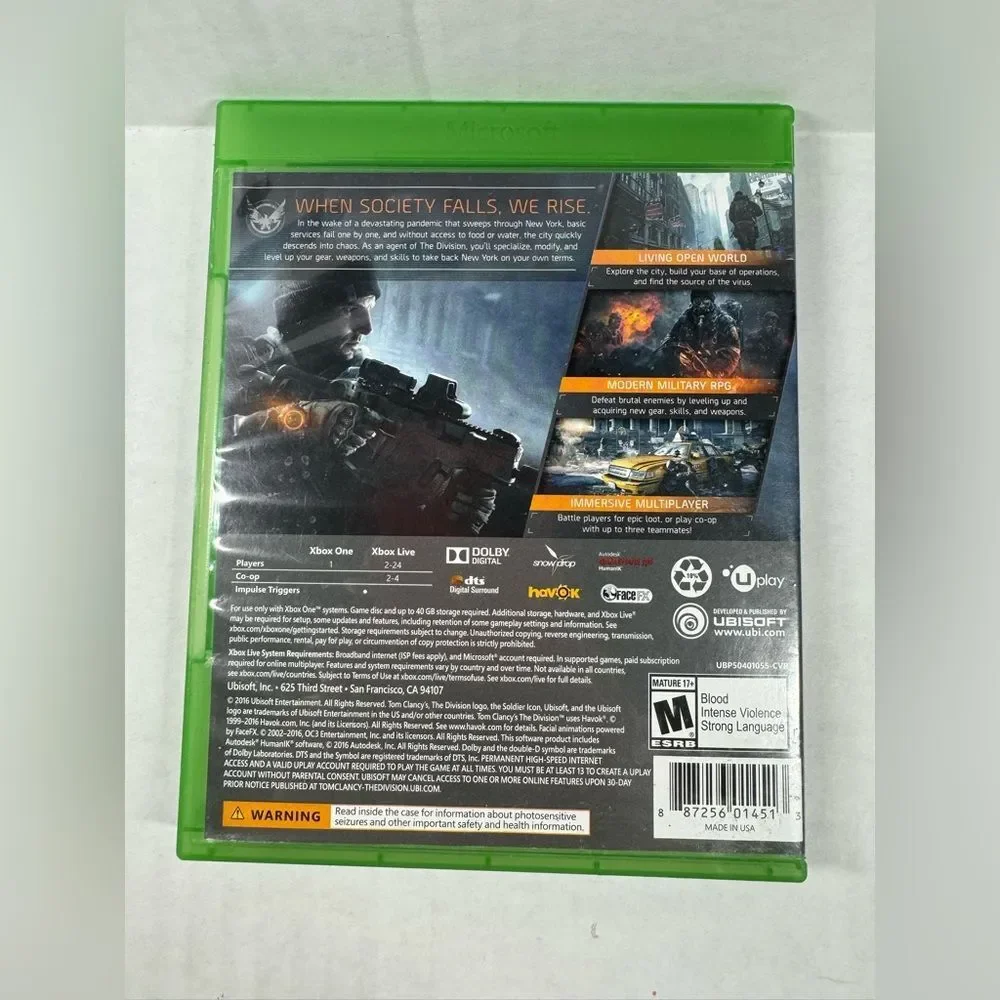 Tom Clancy's The Division Microsoft Xbox One 2016 No Manual Tactical Game